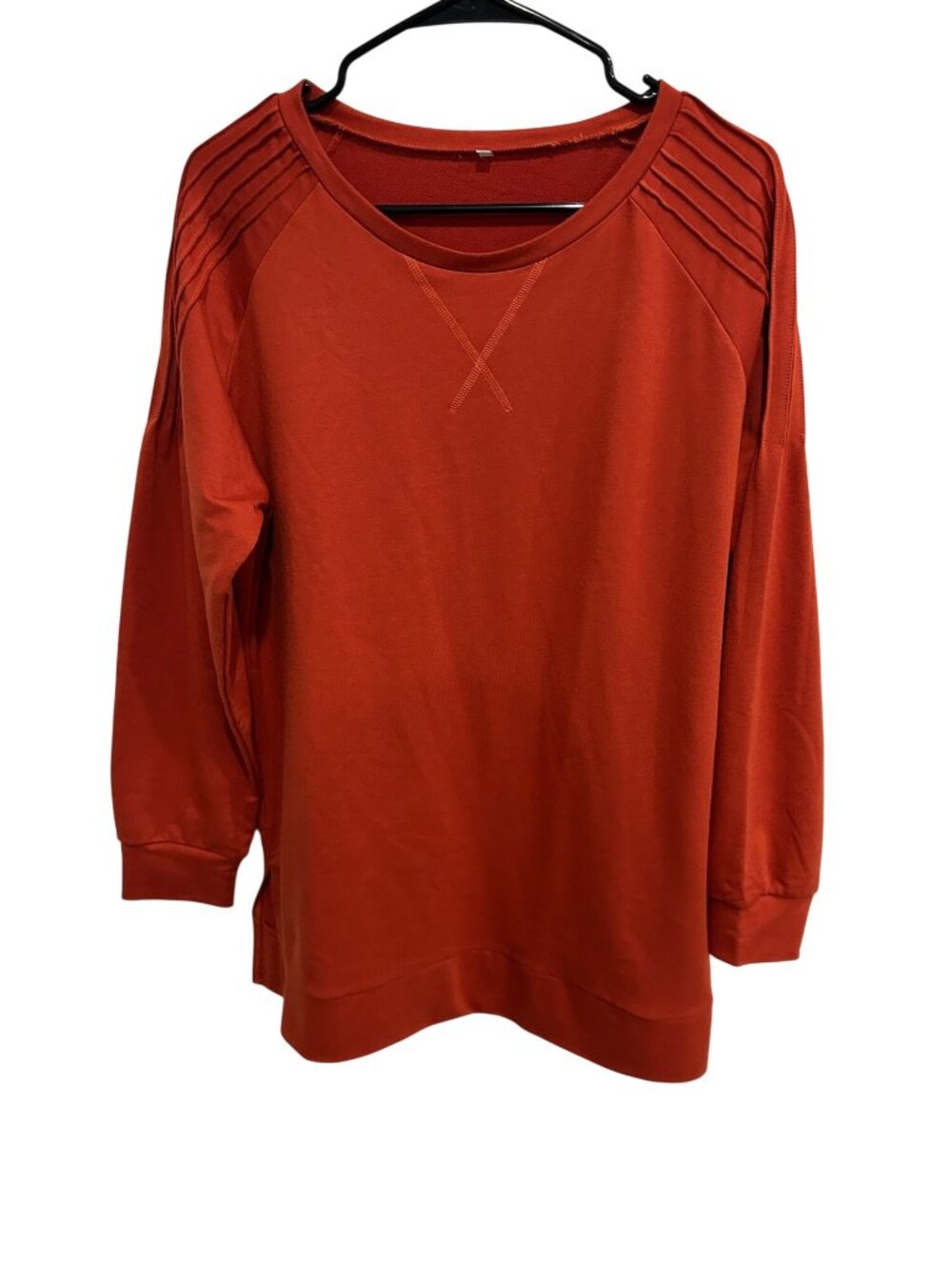 Womens Rust Orange Pullover Sweatshirt Ribbed Shoulder Size Large Casual Cozy